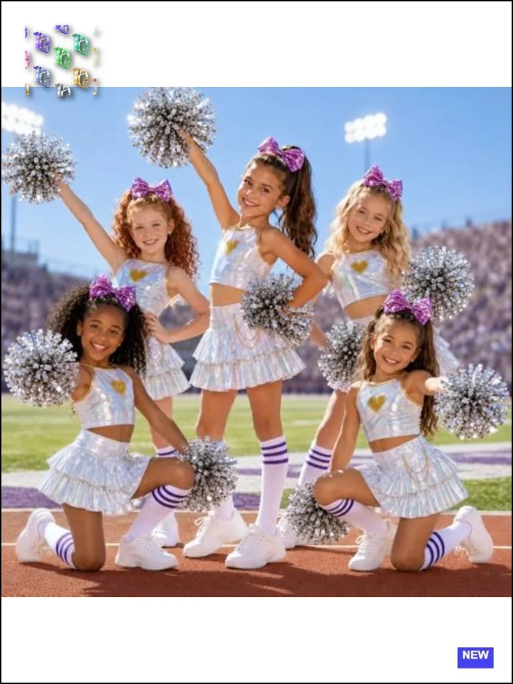 Girls Sequin Cheerleader Costume Set with Pom Poms, Bow & Socks
